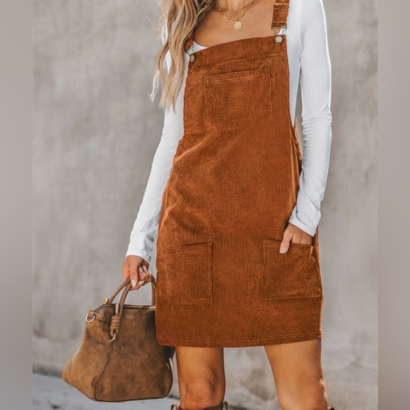 Women’s XS Cupshe Lightweight Rust Color Mini Corduroy Overall Dress Casual New - Picture 1 of 8